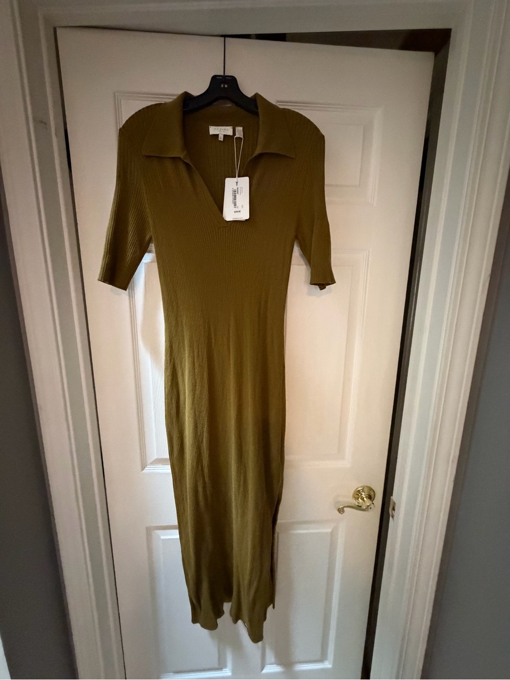 Ted Baker Olive Green Ribbed Knit Collared Midi Dress NWT
